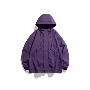 Men's dark purple casual hooded jacket with tactical pockets and drawstring hood