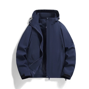 Men's navy blue lightweight outdoor windbreaker with breathable mesh lining and hood