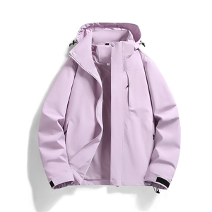 Lightweight lavender hooded windbreaker with breathable mesh lining and adjustable cuffs