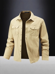 Men's khaki long sleeve tactical shirt with double chest pockets and high elasticity