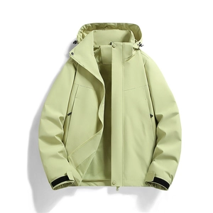 Mint green waterproof men's outdoor hiking jacket with windproof hood and mesh lining