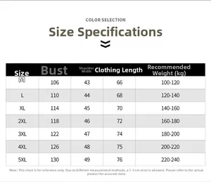 Detailed men's vest size chart with chest, shoulder, and length measurements from M to 5XL