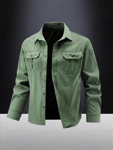 Men's military green tactical long sleeve outdoor shirt with double chest pockets