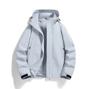 Men's light blue waterproof outdoor jacket with breathable mesh lining and hood
