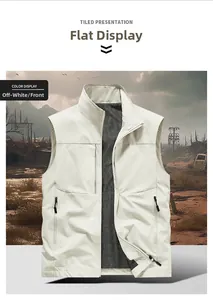 Detailed close-up of beige casual vest with stand collar, zip pocket and black mesh lining