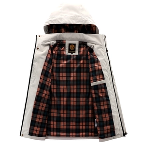 Men's casual hooded white parka with classic multi-color plaid lining and button closure