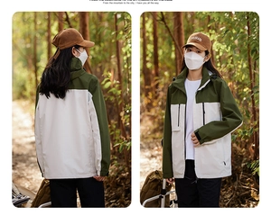 Front and back view of a windproof outdoor jacket with multi-pockets and detachable hood
