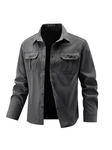 Men's dark grey stretch cargo shirt with multi-pockets and long sleeves in 3D display