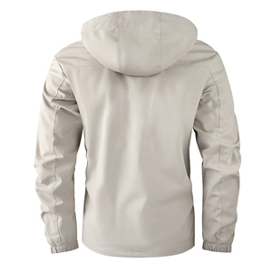 Back view of light beige hooded parka jacket with windproof fabric and elastic cuffs