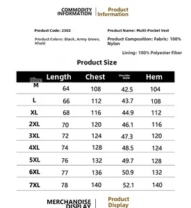 Tabella taglie dettagliata per gilet outdoor da uomo con misure dalla M alla 7XL