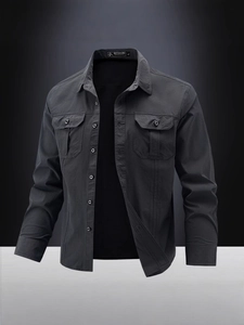 Men's dark gray cargo long sleeve shirt with double pockets and high elastic fabric