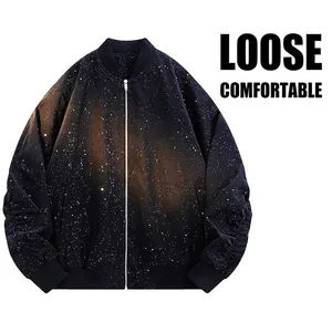 Men's casual black bomber jacket with starry galaxy pattern and ribbed cuffs for 2025 style