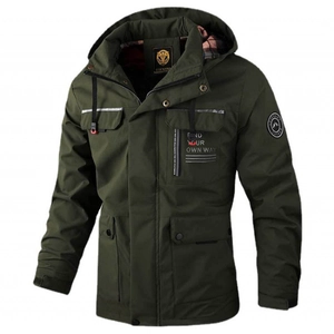 Men's military green tactical parkas with multiple pockets and warm plaid lining