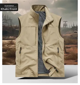 Front view of khaki outdoor vest with multi-zipper pockets and breathable mesh lining
