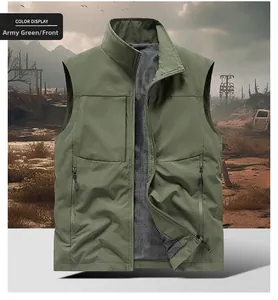 Detail of army green tactical vest with stand collar and breathable mesh lining fabric