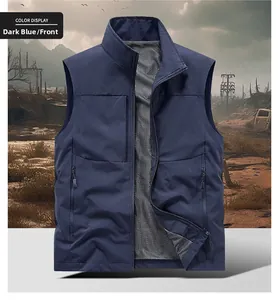Close-up detail of dark blue outdoor vest with stand collar and breathable mesh lining