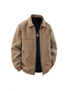 Classic tan suede-textured jacket for men with full zipper and stylish turn-down collar