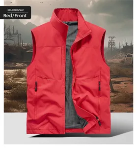Front view of casual red standing collar vest with zipper pockets and mesh lining