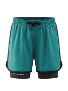 Men's 2-in-1 quick-dry athletic shorts in green with black compression liner and drawstring