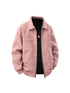 Pink faux suede biker jacket for men featuring a classic zipper and turn-down collar