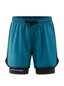Men's 2-in-1 turquoise running shorts with black compression liner and drawstring waist