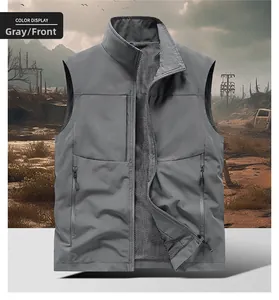 Detail view of men's grey casual vest showing zipper pockets and breathable mesh lining