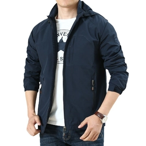 Men's dark blue waterproof hooded outdoor jacket with windbreaker fabric and zip pockets