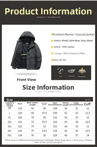 Detaillierte Größentabelle für Herren Outdoorjacke mit Maßen von Größe M bis 5XL