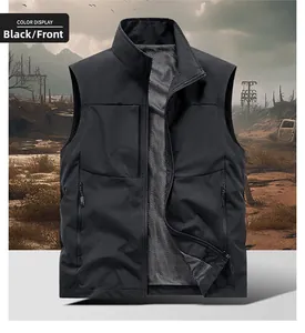 Detail of men's black outdoor vest featuring a stand collar and breathable mesh lining
