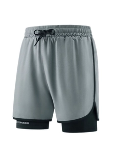 Men's grey double-layer sports shorts with quick-dry inner liner and elastic drawstring