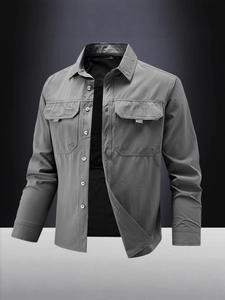 Men's grey long sleeve tactical work shirt with double chest pockets and breathable fabric