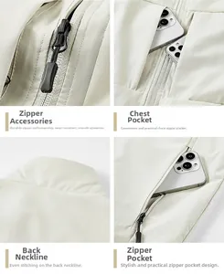 Detail view of smooth zippers and durable stitching on light beige casual men's vest