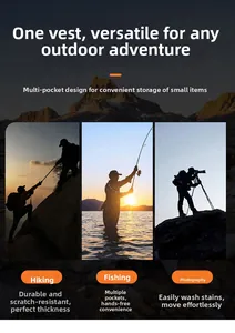 Outdoor utility vest with multiple pockets for hiking, fishing and photography scenes