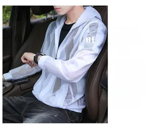Men's white sun protection hoodie with breathable mesh texture and zipper closure