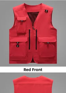 Detail of red outdoor utility vest with functional multi-pockets and mesh lining