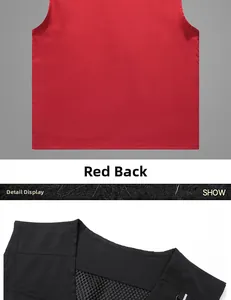 Detail of red vest back and black shoulder with breathable mesh lining and stitching