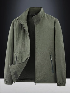 Men's army green sports jacket with stand collar and lightweight windproof fabric