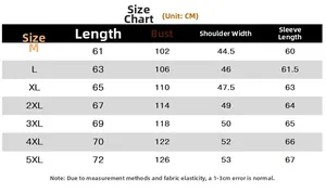 Detailed size chart for men's breathable sun protection jacket from sizes M to 5XL
