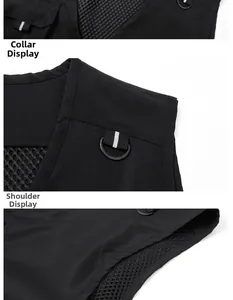 Detail of mesh tactical vest showing collar webbing, shoulder D-rings and pocket textures