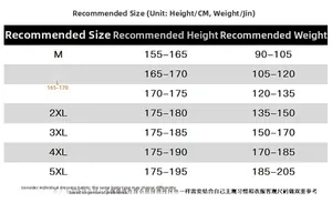 Detailed size guide table for men's sun protection jacket ranging from size M to 5XL