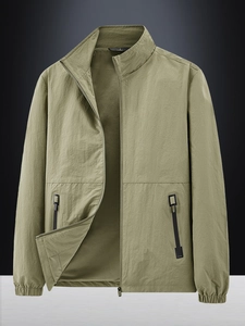 Men's olive green windbreaker jacket with stand collar and breathable mesh lining