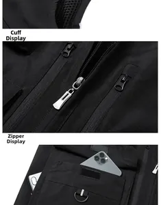 Detail of outdoor mesh vest featuring metal dual zippers and large functional pocket