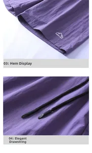 Detail showing purple quick-dry fabric texture with drawstring and mountain print logo