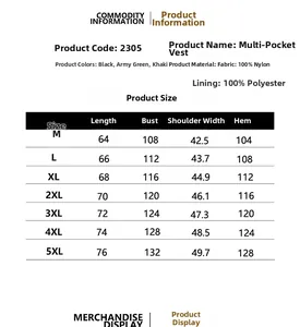 Detailed size chart for multi-pocket utility vest showing measurements from M to 5XL