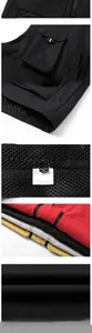 Detailed close-up of multi-pocket fishing vest featuring mesh lining and durable zippers