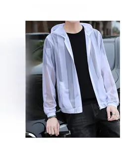 Detail of white striped breathable sun protection jacket with drawstring hood and zipper