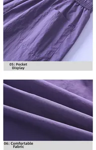 Detail view of purple quick-dry shorts showing pocket construction and lightweight fabric