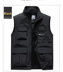 Detail view of black multi-pocket cargo vest with mesh lining and zipper closure