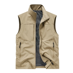 Men's khaki casual outdoor vest with stand collar, zipper pockets, and breathable mesh lining