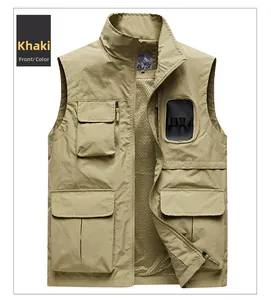 Front view of khaki utility vest with multiple flap pockets and breathable mesh lining
